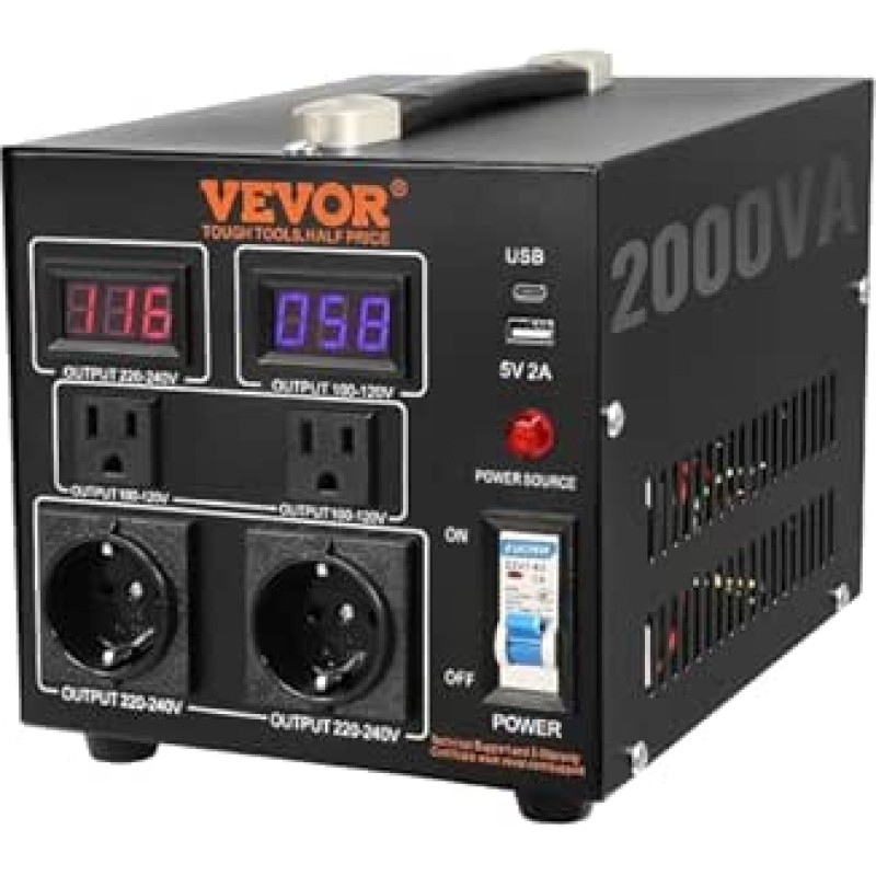 VEVOR 2000 W įtampos keitiklis transformatorius AC 110 V 220 V transformatorius Keitiklis 2 x JAV NEMA 5-15R 3 kontaktų / 2 x standartiniai europietiški 
