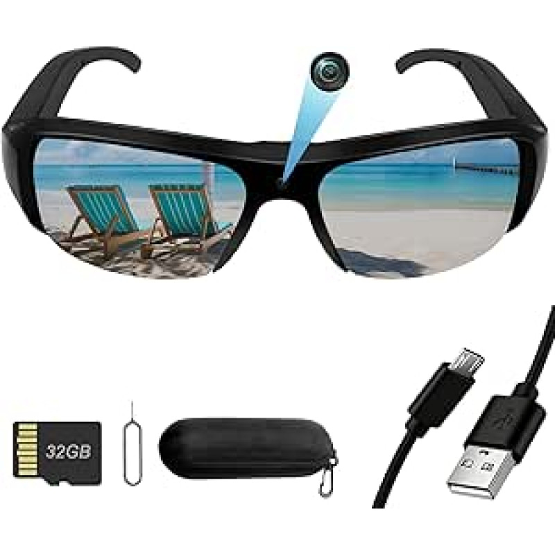 Veiksmo kamera, 32 GB sporto akiniai su fotoaparatu, mini veiksmo kamera, 1080P HD, maža vaizdo kamera, akiniai nuo saulės, fotoaparato vaizdo įrašymo akiniai, palaiko nuotraukas lauko veiklai, UV filtras