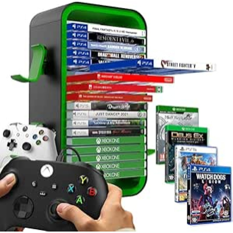 Žaidimų laikymo bokštas, suderinamas su PS5 / Xbox S ir X/Switch serijomis, žaidimų kompaktinių diskų laikiklio stovas, talpina 18 kompaktinių diskų su 4 valdiklių laikikliais, vaizdo žaidimų diskų lentyna, žalias