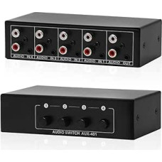 Garso perjungiklis 4 in 1 Out, pasyvus garso jungiklis 3,5 mm Aux + RCA L/R, garso perjungiklis 4 krypčių stereofoninio garso paskirstymo dėžutė Pasirinkimo dėžutė Analoginis garso selektoriaus skirstytuvas, skirtas 