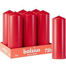Bolsius Smooth Pillar Candles - Red - Pack of 6 - 20 x 7 cm - Decorative Household Candles - Burn Time 75 Hours - Unscented - Contains Natural Plant Wax - Without Palm Oil