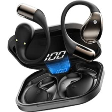 Open Ear Kopfhörer Bluetooth 6.0 mit HD Mic, 2025 Kopfhörer Kabellos Bluetooth HiFi Stereo mit Ohrhaken, 40H Spielzeit, Bluetooth Kopfhörer mit LED-Anzeige, IP7 Wasserdicht Ohrhörer für Sport, Schwarz