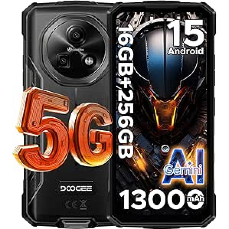 DOOGEE Fire 7 5G Android 15 Lauko mobilusis telefonas be sutarties 13000 mAh Dimensity 6300 256GB + 16GB Lauko išmanusis telefonas 64MP AI kamera, 6,6 colių IPS ekranas, 3 kortelės Dual 5G SIM/IP68/GPS/Fingerprint/NFC/OTG