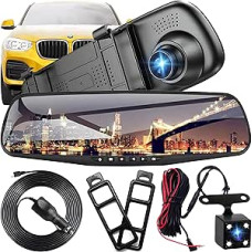 Retoo Full HD Car Mirror Dashcam with Rear View Camera with Night Vision Rear Right Lower Loop Recording and 4.3 Inch Display 170° Front / 120° Rear 1080P Dual Car Camera Parking Monitor