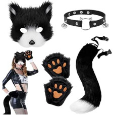Furry Fox Mask, Plush Fox Mask, Cat Fox Cosplay, Tail and Paw Gloves Set, Furry Cat Fox Mask for Halloween, Christmas, Carnival, Party, Fancy Dress