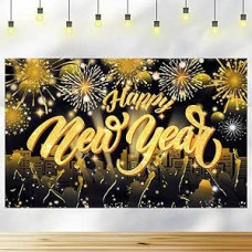 New Year Banner, 180 x 110 cm, Black and Golden Fireworks, Happy New Year Banner, New Year Background, New Year Decorations for New Year's Eve Party Accessories