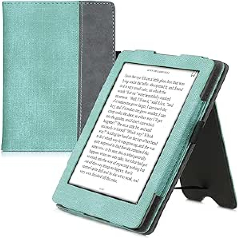 kwmobile Flip Case Compatible with Kobo Glo HD/Touch 2.0 - Hand Strap - Cover Mint Green Dark Grey