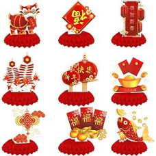 2026 Waben-Tischdekoration, Neujahrstischdekorationen Waben, 9 Stück, chinesisches Thema, Silvesterparty, Rotgold, Tischdekoration, Frühlingsfest, Heimküchendekoration