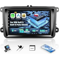 CAMECHO Android 15 Qualcomm Octa Core 4G + 64G Car Radio for VW Golf 5 Golf 6 Polo Skoda with Carplay Android Car Navigation Dual WiFi 7 Inch Screen with Navi Bluetooh5.1 FM/RDS + Reversing Camera