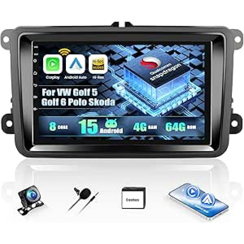 CAMECHO Android 15 Qualcomm Octa Core 4G + 64G automobilinis radijas VW Golf 5 Golf 6 Polo Skoda su Carplay Android automobilinė navigacija Dual WiFi 7 colių ekranas su Navi Bluetooh5.1 FM/RDS + atbulinės eigos kamera