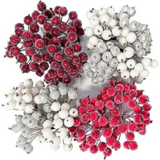 320 vienetų 4 spalvų Kalėdų Holly uogos Mini Kalėdų šaldymo uogos Dirbtinės Holly uogos, skirtos vainikams, girliandoms, gėlių dekoracijoms Kalėdų eglutei, stalo puošybai