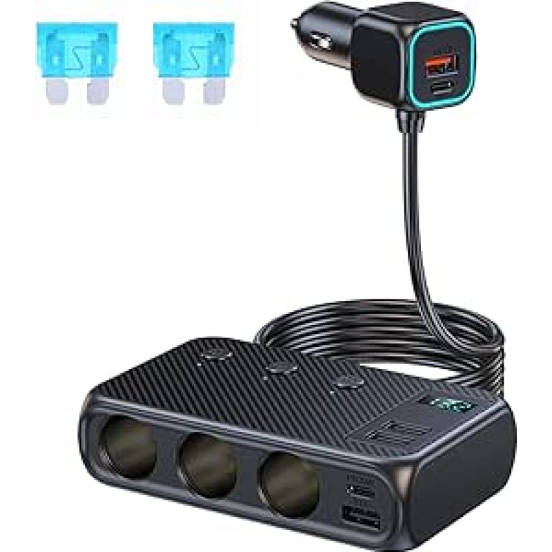 9 in 1 USB C automobilinis įkroviklis automobilinis cigarečių žiebtuvėlio skirstytuvas 171 W su trigubu 12 V/24 V kištukiniu įkrovimo kabelio skirstytuvu su 4 USB + dviem PD prievadais, su atskiru jungikliu, LED įtampos ekranu