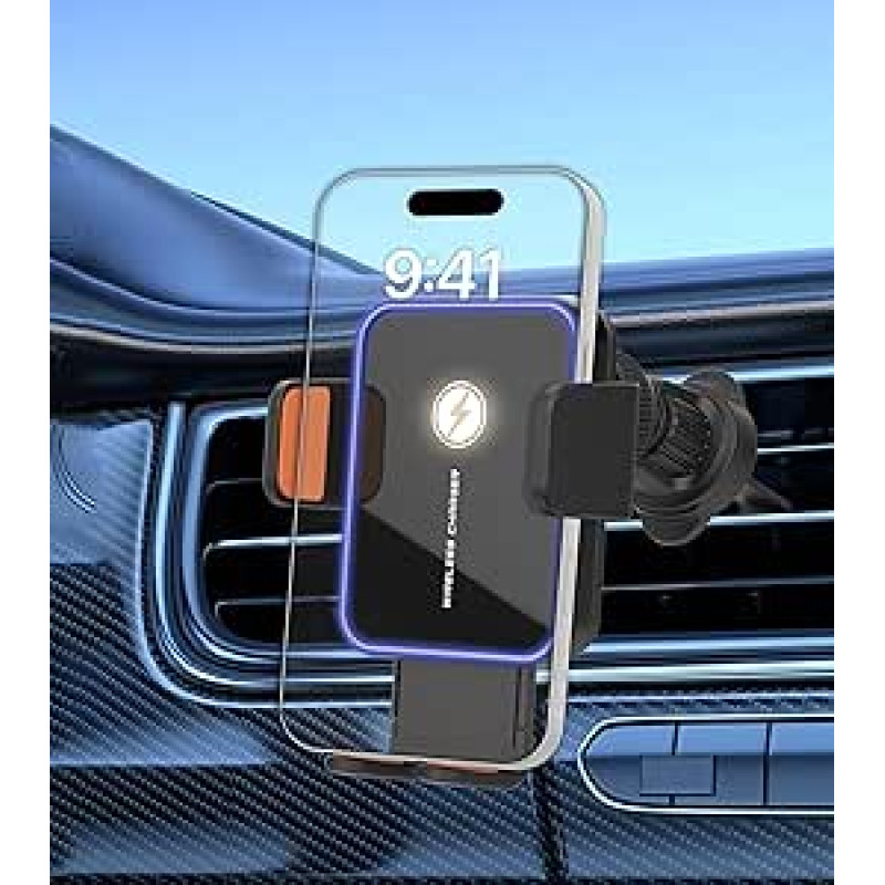 15 W automobilinis mobiliojo telefono laikiklis su įkrovimo funkcija, indukcinė įkrovimo stotelė automobiliui su metaliniu kabliuku, LED apšvietimas, 360° pasukimas, automobilinis įkroviklis, mobiliojo telefono laikiklis su ventiliacija iPhone 17/16/15/14