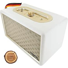 SCHWAIGER 661712 Retro Bluetooth Speaker Vintage Speaker Leather Look Wooden Housing Battery HiFi Music Box with Jack Cable Micro USB Cable White