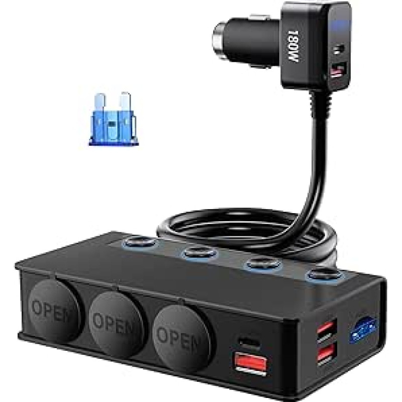 180 W cigarečių žiebtuvėlio daliklis 9 in 1 cigarečių žiebtuvėlio USB C 12 V / 24 V automobilio įkroviklio adapteris 6 prievadų USB adapteris Automobilis PD3.0 ir QC3.0 su LED voltmetru 4 atskiri jungikliai Greitas įkroviklis