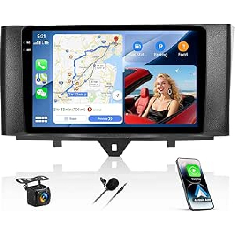 CAMECHO 4G + 128G Android 15 automobilinis radijas Mercedes-Benz Smart Fortwo W451 2011-2015 m. su Carplay Android automobiline navigacija Dual WiFi 9 colių ekranas su navigacija Bluetooth 5.1 FM/RDS + atbulinės eigos kamera