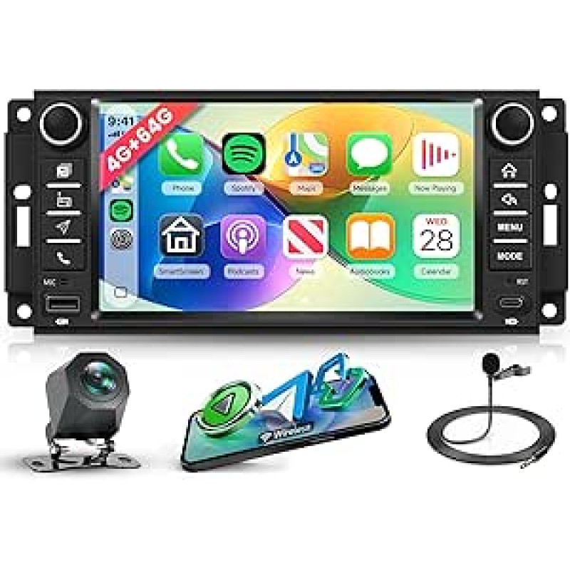 4G+64G Android Autoradio für Jeep Wrangler 2007-2018 Compass Grand Cherokee Commander Wireless Carplay Android Auto, 7 Zoll Touchscreen Radio Navi GPS WiFi Bluetooth FM/RDS EQ/USB/SWC Rückfahrkamera