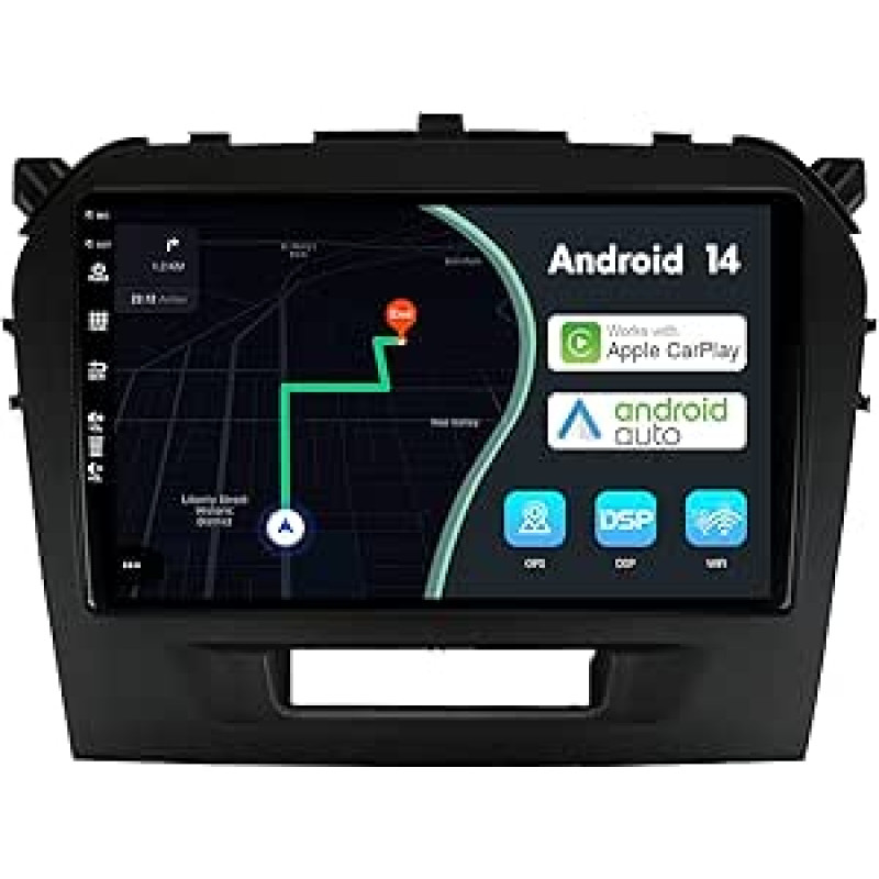 MSD 9 colių ekrano automobilinis radijas Suzuki Vitara (2014-2020) | Belaidis Carplay Android automobiliams | Android 14 GPS navigacijos radijas | Volant WiFi DSP DAB Bluetooth 5.0 | Atbulinės eigos kamera | 2 DIN