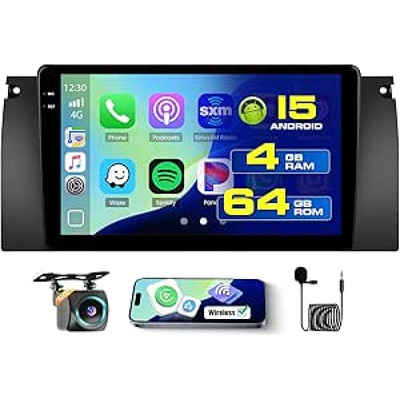 Roinvou 4+64G Android 15 automobilinis radijas BMW X5 E53 E39 M5 E38 1996-2007 su belaidžiu Carplay Android Car, 9 colių automobilinis radijas su jutikliniu ekranu su GPS navigacija Bluetooth EQ WiFi RDS FM SWC atbuline eiga