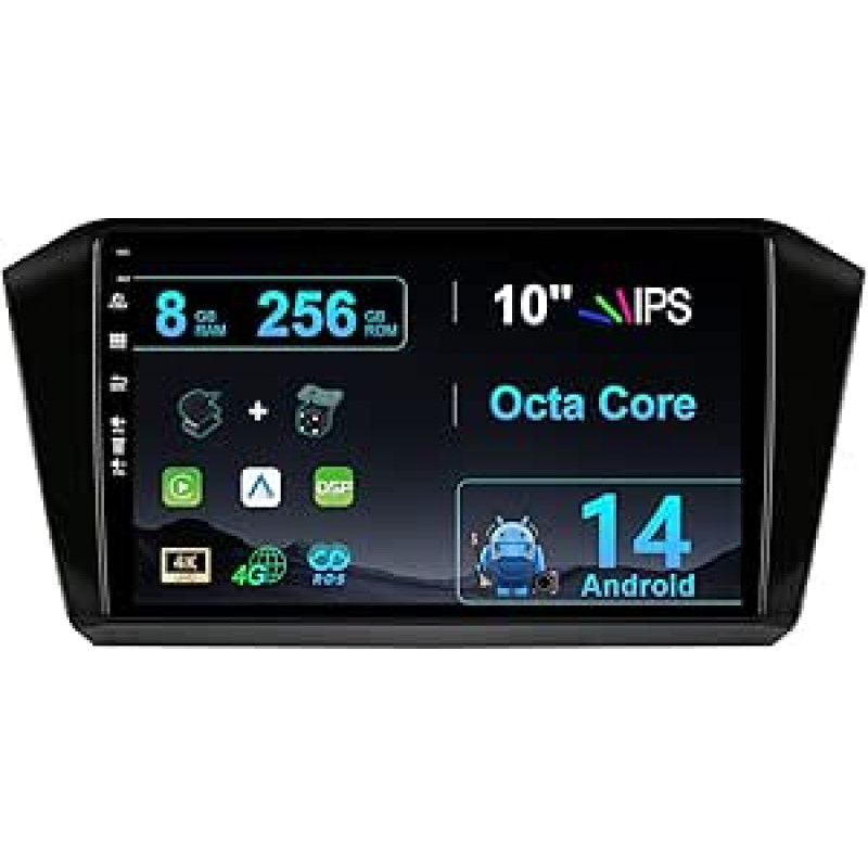 2 DIN 10 colių IPS Android 14 automobilinis radijas VW Passat B8 2015-2019 su GPS navigacijos palaikymu Bluetooth DAB USB Carplay Android Car WLAN 4G MirrorLink RDS USB DSP 8G + 256G