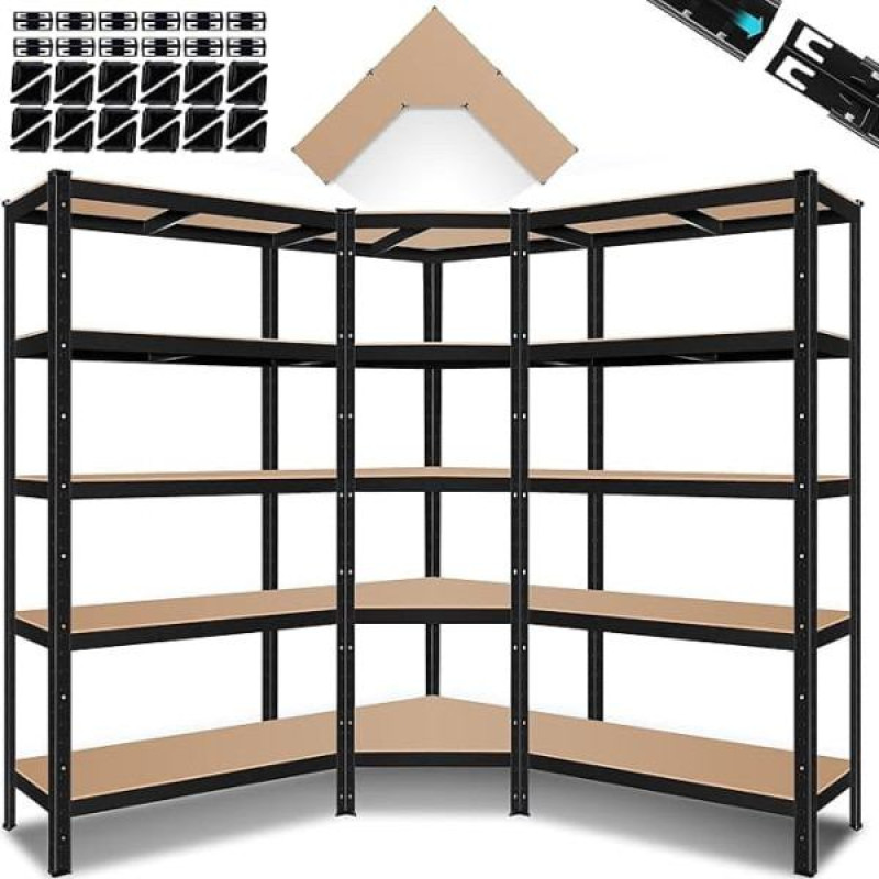 ® 3 plauktu sistēmas komplekts Metāla plauktu sistēmas metāla glabāšanas plaukti 1 x stūra plaukts un 2 x glabāšanas plaukti 15 plaukti MDF paneļu plaukts 2625 kg darbnīcas plaukts pagraba plaukts garāžas plaukts Heavy Duty plaukti bez skrū