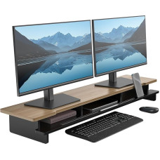 Monitor Stand Dual Monitor Stand for Desk, Wooden Shelf for Desk with Storage Organizer and Holder for Smartphone and Tablet (108 cm, Black and Dark Bamboo)