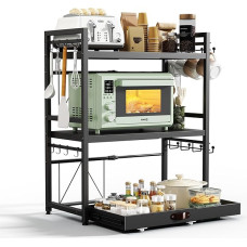 NETEL reguliuojama mikrobangų krosnelės lentyna, 3 lygiai, virtuvės lentyna ant stalviršio, kepinių lentynos, virtuvės lentyna su stalčiais ir gėrimų laikikliu, juoda, ištraukiama 40-60 cm