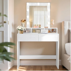 VASAGLE RDT114W01 Dressing Table with Mirror and Bulbs, Cosmetic Table with 2 Drawers and 3 Open Compartments, Dressing Table for Makeup, Modern, White