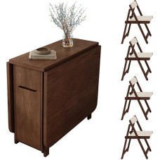 150 cm sulankstomo valgomojo stalo komplektas, erdvę taupantis išskleidžiamas virtuvės stalas su 4 kėdėmis, medinis sulankstomas stalas su ratukais virtuvei, valgomajam, svetainei (rudos spalvos)