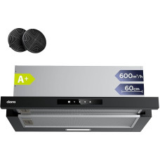 CIARRA CBCB6909A A+ 60 cm 600 m³/h plokščias gartraukis su CBCF055 aktyviosios anglies filtru Valdymas liečiant Integruotas plokščias ištraukiamasis oro recirkuliacinis gartraukis 3 galios lygiai, skirtas virtuvėms, juodas