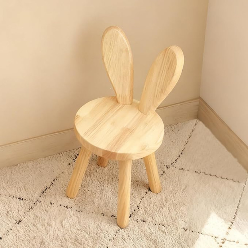 Vaikiška kėdutė, medinė vaikiška kėdutė nuo 3 metų, medžio masyvas, vaikų kambario kėdutė 45 x 26 cm su triušio ausų atlošu, medinė vaikiška kėdutė valgymui, skaitymui ir žaidimui