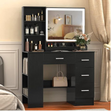 Juodos spalvos kosmetinis staliukas su apšvietimu, kosmetinis staliukas su LED veidrodžiu, apšvietimu ir laikymo vieta, kosmetinis staliukas su 4 stalčiais, 2 pakopų šoninė spintelė kaip naktinis staliukas, 90 cm makiažo staliukas