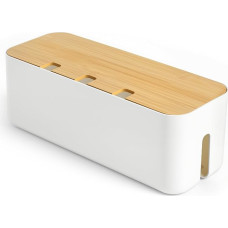 Cable Organiser Box, Large Cable Management Box, Cable Organizer Box with Bamboo Lid, Reusable, 8 Pieces Straps for Hiding Messy Cables, Wire Management, 36.1 x 13 x 13 cm