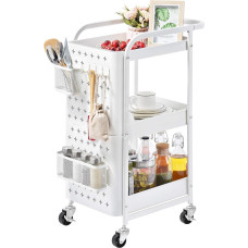 Kingrack 3-Tier Metal Trolley, 3-in-1 Grid Storage Box with Perforated Plate, Hooks, Baskets, Handles, Locking Wheels, Universal Mobile Storage Rack for Kitchen, Office, Garage, Bathroom, etc.