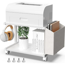VEDECASA Modernus 2 pakopų medinis spausdintuvų stovas su laikymo krepšiu, skirtas namų biuro stalui, spausdintuvų stalo organizatoriui, mobilus spausdintuvų stovo krepšelis su ratukais (baltas)