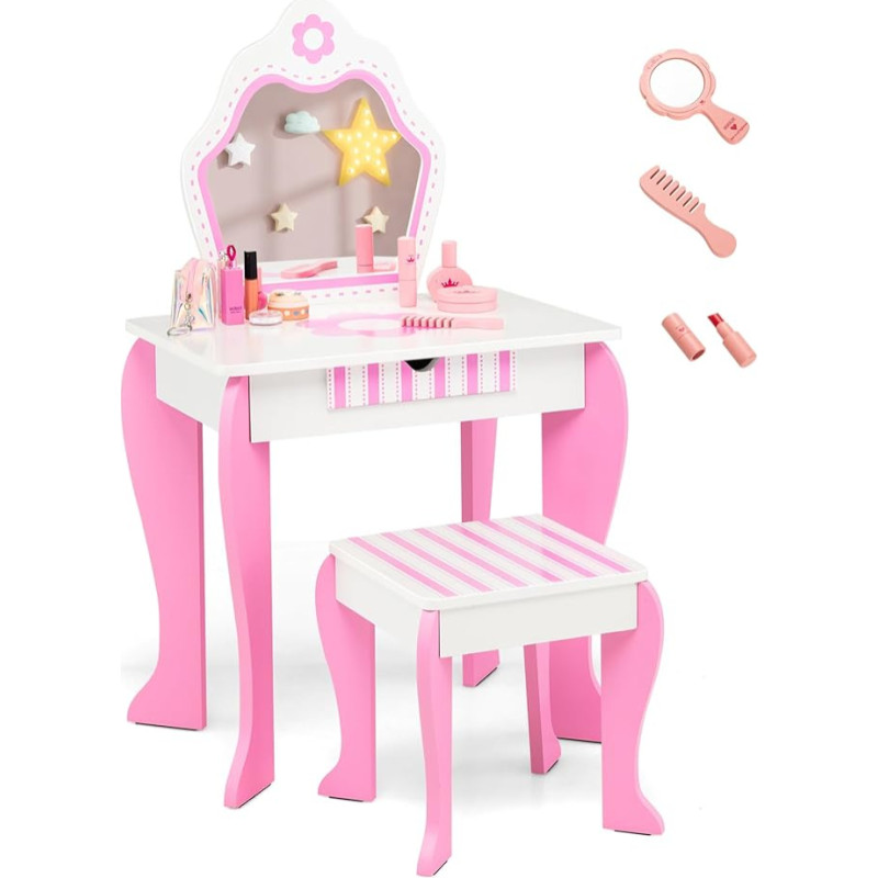 DREAMADE Vaikų tualetinis staliukas su taburete ir priedais, kosmetikos staliukas, tualetinis staliukas, princesės tualetinis staliukas, vaikiškas makiažo staliukas su nuimamu veidrodžiu ir stalčiumi vaikams, mergaitėms,
