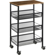 4 Tier Shelf Trolley with Wooden Top, Kitchen Trolley, Serving Trolley Made of Metal, W 44 x D 29 x H 76.5 cm Shelf on Wheels for Kitchen, Bathroom, Living Room, Office (Black)