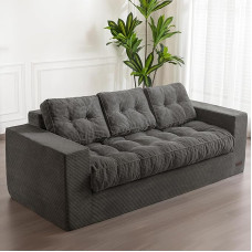 MAXYOYOYO Sofa 3 vietų velvetinis minkštasuolis su porankiais, be kaulų, su dygsniuotomis pagalvėlėmis ir atlošu, didelis pupelių maišas miegamajam ir svetainei