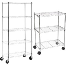 Amazon Basics 5 Tier Chrome Wheeled Shelving Unit & 3 Shelf Unit - Chrome