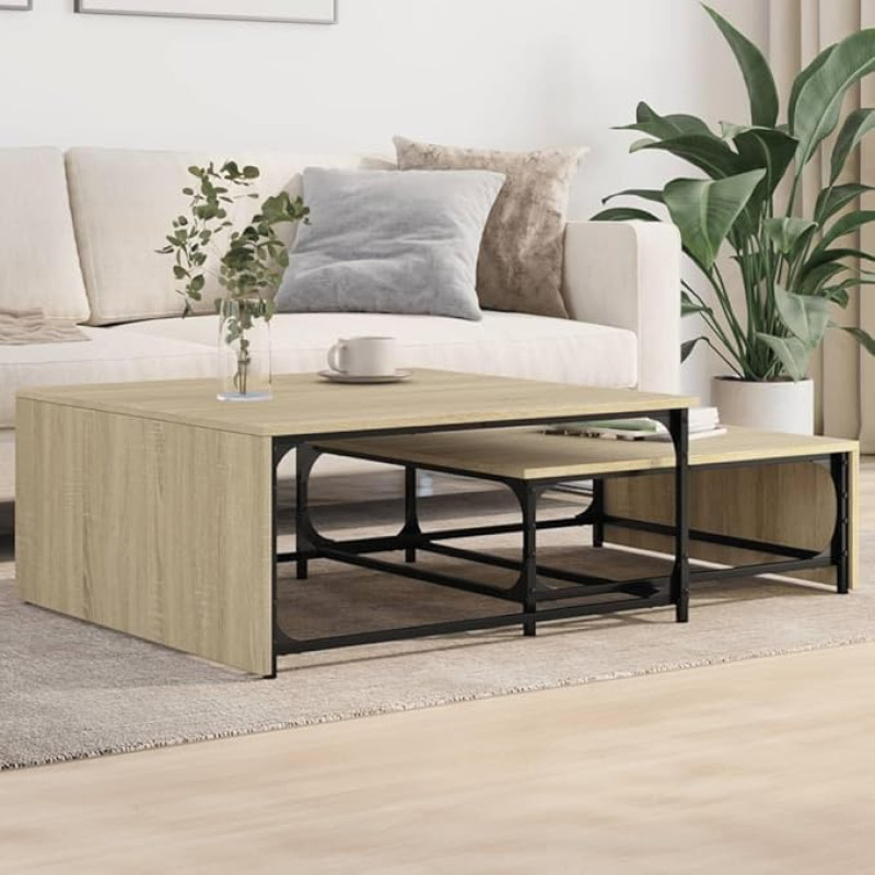 Sofos komplektas Sonoma Eiche 2er Nesting Tische 81,5x80x36 cm & 72x70x26 cm aus Holzwerkstoff und Metall, Modernes Design und Industrie-Look, platzsparend für Wohnzimmer kleine Räume