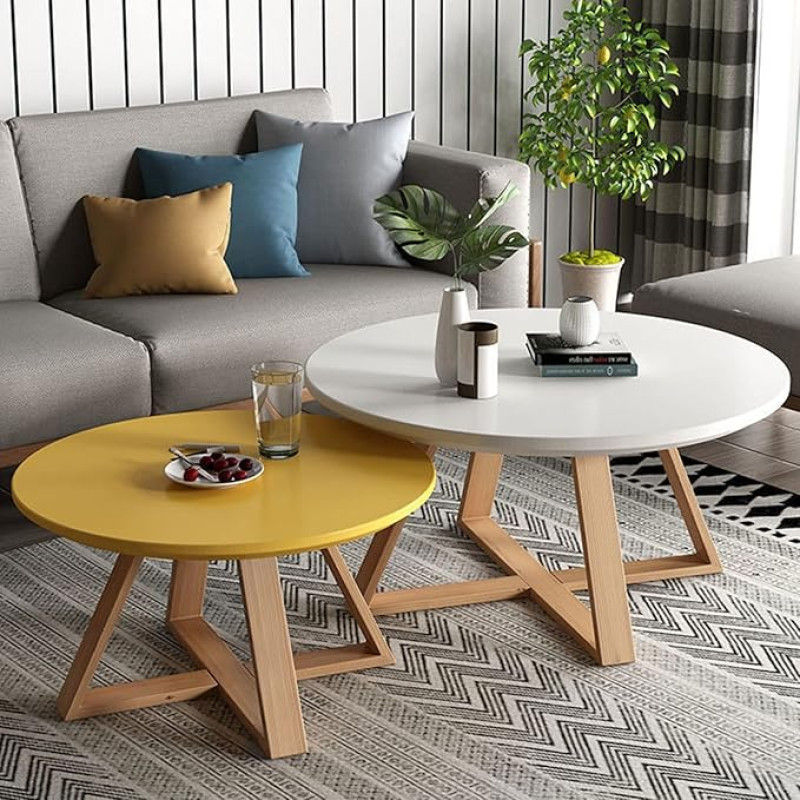 Mažų staliukų lizdai 2 modernių minimalistinių kraunamų staliukų rinkinys, skirtas svetainei, miegamajam, balkonui, tvirtas, lengvai surenkamas, baltos ir geltonos spalvos 70 cm