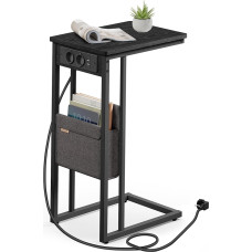 VASAGLE šoninis staliukas, sofos staliukas su įkrovimo stotele, C formos, kavos staliukas, mažas, medžiaginis krepšys, reguliuojamos kojelės, miegamasis, svetainė, 2 USB lizdai, 2 kintamosios srovės lizdai, juodmedžio juoda LET356B02V1