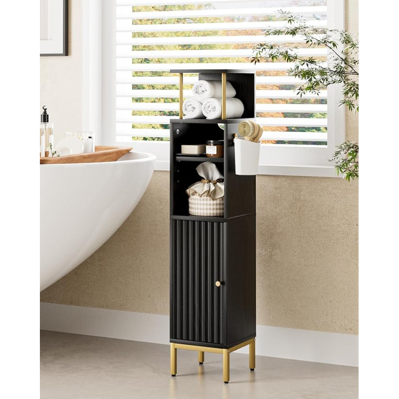Aukšta vonios kambario spintelė, laisvai stovinti grindų spintelė, aukšta spintelė su durelėmis, plona vonios kambario spintelė, skirta vonios kambariui, virtuvei, svetainei, miegamajam, balkonui ar biurui, juoda