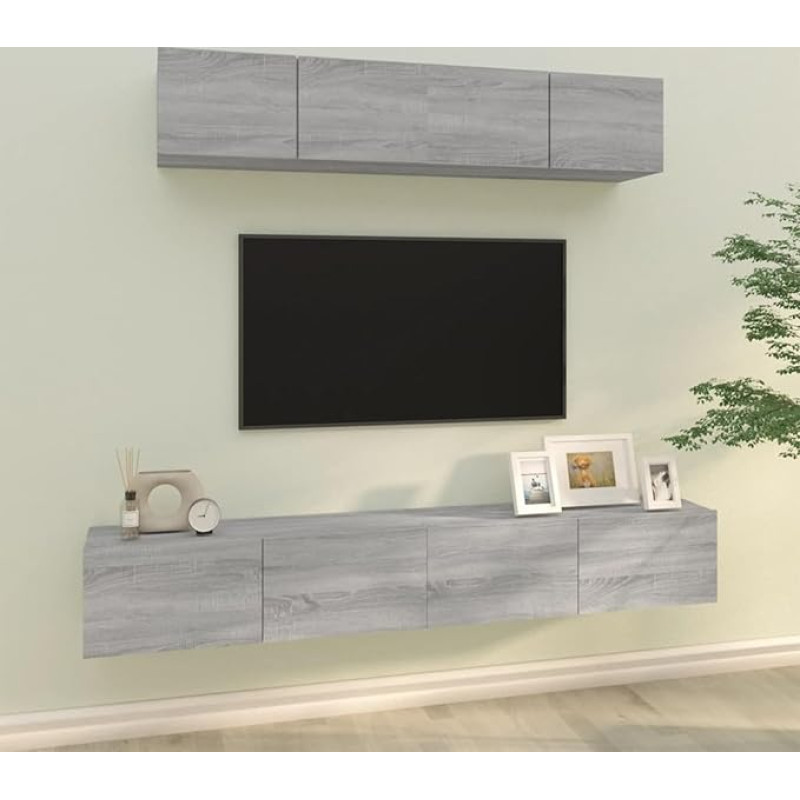 TV Schrank,4-TLG. TV-Schrank-Set Grau Sonoma Holzwerkstoff,TV lenta Hängend Schrank Fernsehschrank TV bankas Wohnzimmer Möbel Modern Wandschrank für Wohnzimmer Schlafzimmer