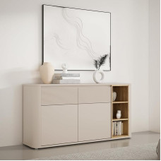 Forte BREATHTAKER Sideboard 160, modern minimalistisch, 2-türig, 2 Schubladen, Regalfach, Reliefstruktur, Holzwerkstoff, Beige/Mauvella Eiche Holzdekor, 160 cm breit x 83,1 cm hoch x 41,3 cm tief