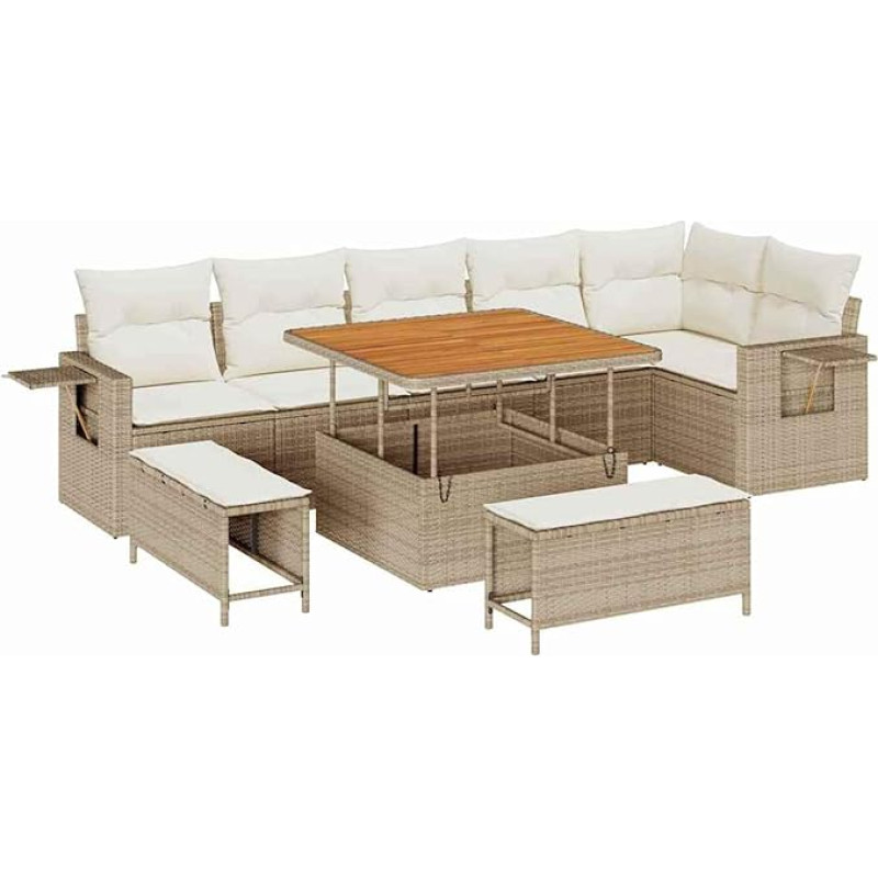 9-teiliges Garten-Sofa-Set mit Kissen Beige Poly-Rattan Akazie Gartenlounge Modelis3361756