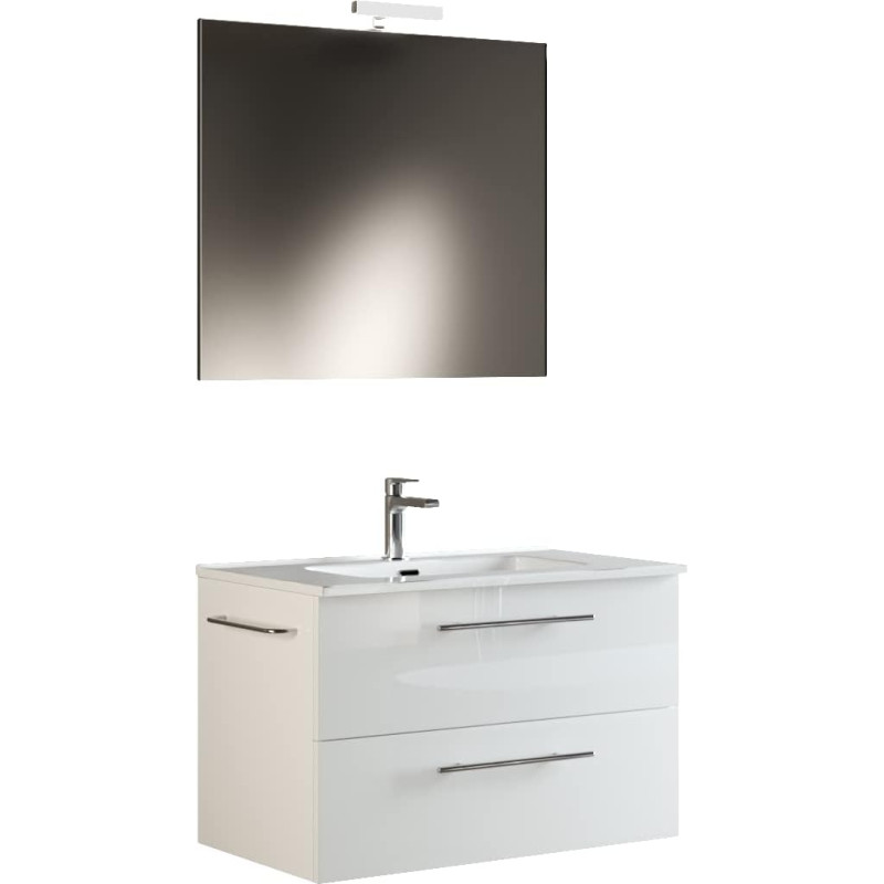 Mama Store ERA 60 Kabanti vonios kambario spintelė 60 cm, blizgiai baltai lakuota, su praustuvu, veidrodžiu ir LED lempa, L 62 x D 47 x H 53 cm