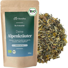 Ekologiška Alpių vaistažolių arbata su ramunėlių žiedais, kiaulpienėmis, šalavijais ir kitomis šviežiomis kalnų žolelėmis - birios kalnų žolelės 100 g