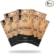 Grizzly Foods • Biltong Classic (8 x 30 g) • Air Dried Beef • Traditional Dried Meat • No Sugar & Additives • Protein-Rich Snack • Ideal for Travel, Office & Sports