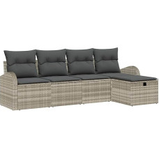 5-teiliges Garten-Sofa-Set mit Kissen Hellgrau Poly-Rattan, 2-Sitzer Garten-Sofa mit Stauraum & Kissen Hellgrau Poly-Rattan Gartenlounge Model3360393